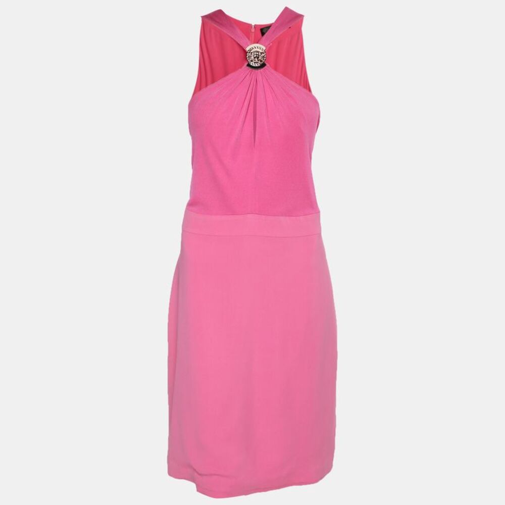 Versace Pink Stretch Crepe Halter Neck Midi Dress L